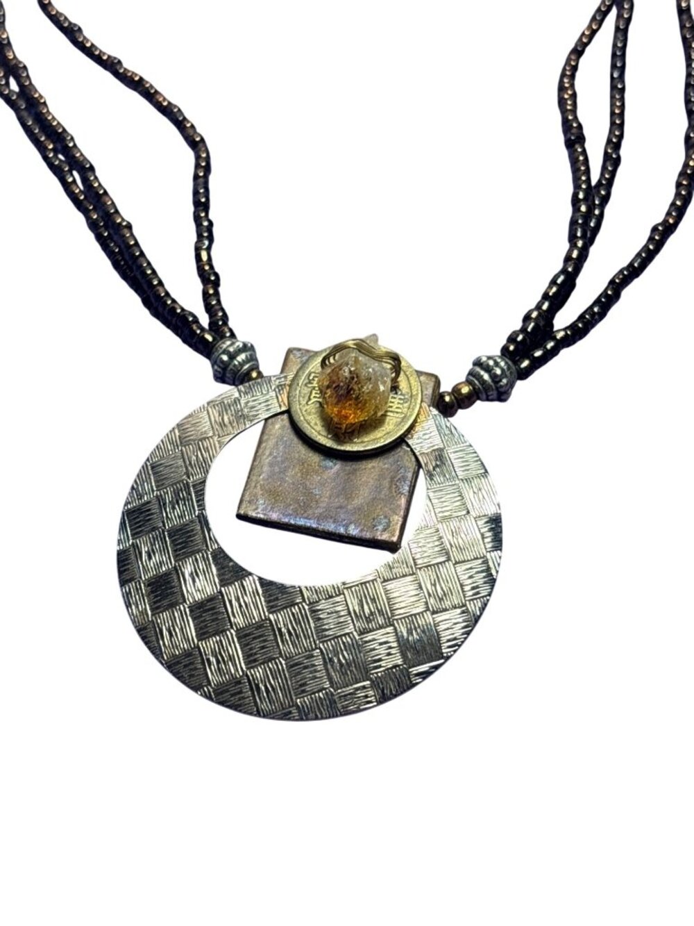 Vtg Artisan Boho Necklace Muti Strand Seed Beads Textured Circle Pendant Citrine